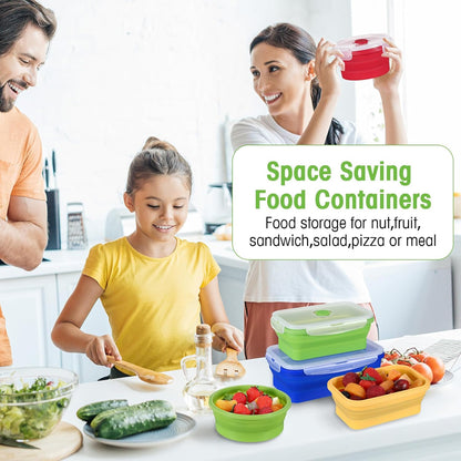 Yaomiao 16 Pack Collapsible Food Storage Containers with Lid Foldable 8 Pcs Rectangle Storage Bowl and 8 Pcs Round Silicone Food Bow for Lunch Rv Accessories Microwave Freezer Safe(Gray, Blue)