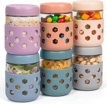 Gemice 6-Pack 10oz Glass Mason Jars with Silicone Sleeves, Airtight BPA-Free Overnight Oats Containers with Lids, Dishwasher Safe Leak-Proof Meal Prep Jars for Chia Pudding, Yogurt, Snacks