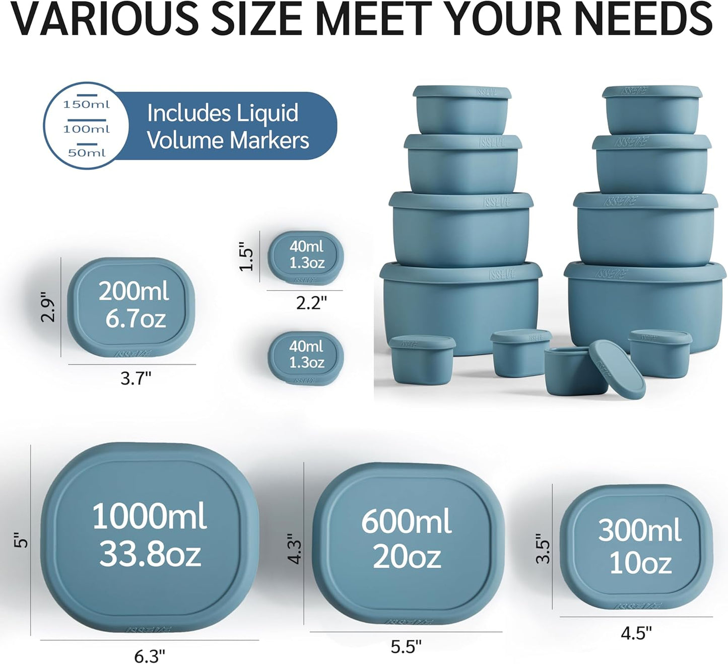 ISSEVE 12Pcs/Set Nesting Silicone Food Storage Containers with Lids, BPA Free Reusable Meal Prep Silicone Containers Airtight, Freezer Dishwasher Safe (33.8oz, 20oz, 10oz, 6.7oz, 1.3oz) (Beige)