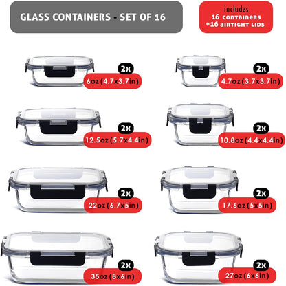 EATEX 16pc Glass Food Storage Containers with Lids, Airtight Glass Meal Prep Containers, 8 Reusable Food Containers with 8 Leakproof Snap Lock Lids, Oven Microwave Freezer Safe Lunch