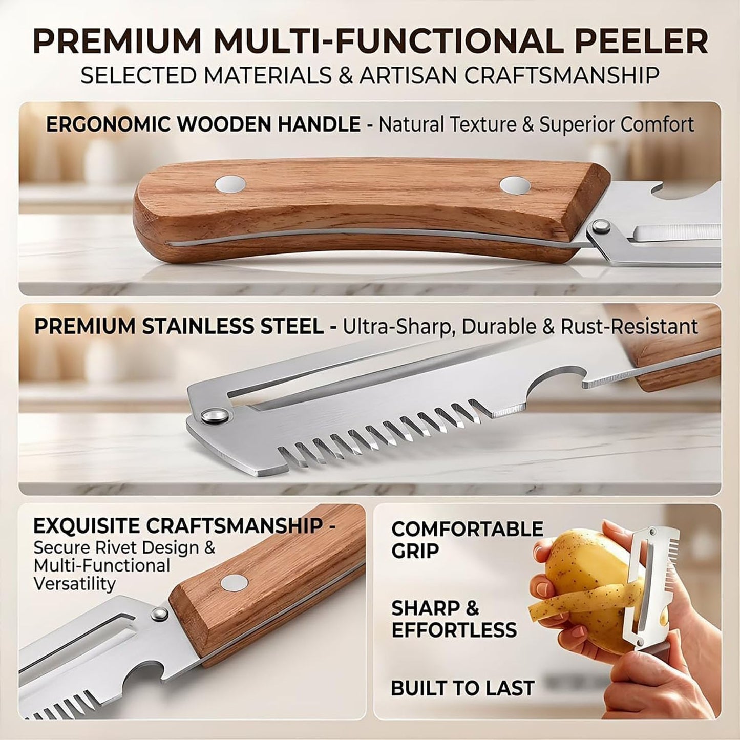 3 in 1 Multi Functional Vegetable Peeler,Stainless Steel Kitchen Tool with Wooden Handle, Fruit Peeler, Julienne Slicer & Bottle Opener for Potato, Apple, Carrot (2)