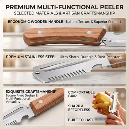 3 in 1 Multi Functional Vegetable Peeler,Stainless Steel Kitchen Tool with Wooden Handle, Fruit Peeler, Julienne Slicer & Bottle Opener for Potato, Apple, Carrot (2)