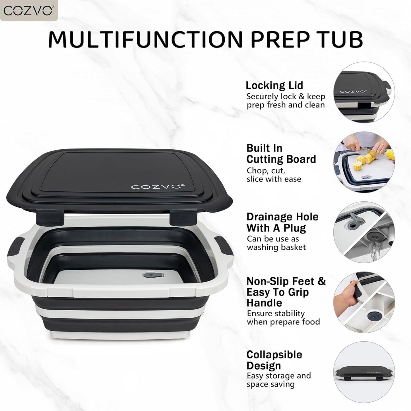 6-in-1 Collapsible BBQ Prep Tub & Marinade Container with Locking Lid | 20" Multifunction Camping Sink, Portable Cutting Board, and Food Storage Bin for Grilling, Picnics, Tailgating - Black