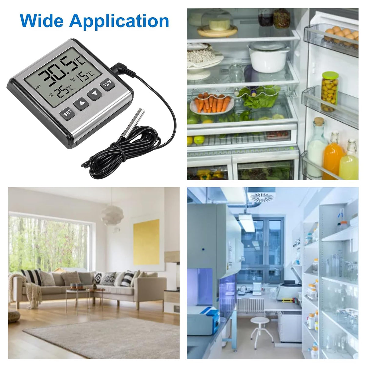 ACEIRMC 2pcs Fridge Refrigerator Thermometer Freezer Thermometer high and Low Temperature Alarm Extra Sensor Big LCD Stainless Panel