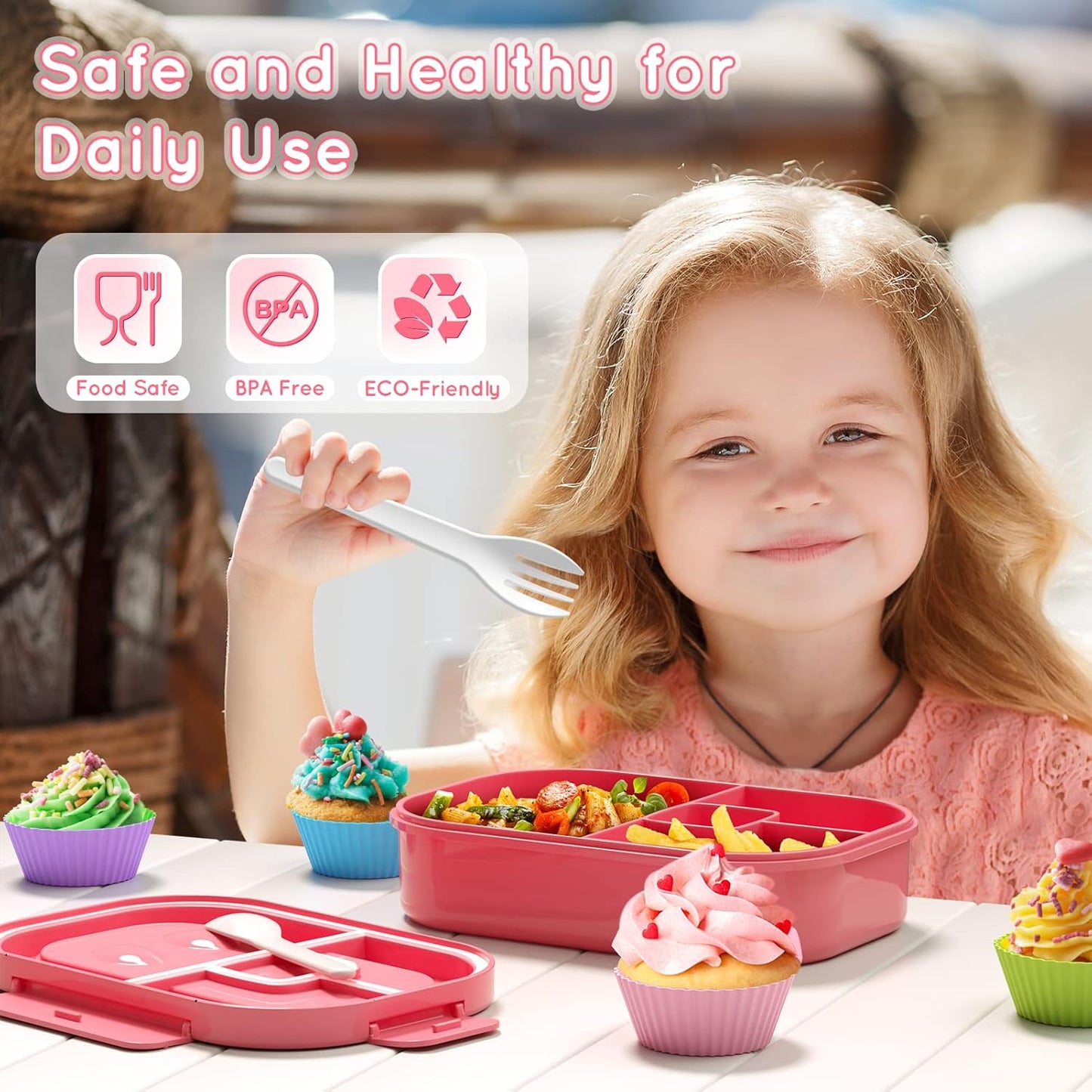 Lunch Box Kid Adult Bento Box, 4-Compartment Food Lunch Containers with Fork & Spoon, BPA Free, Leak-Proof Bento-Style Lunch Box for Work School, Microwave & Dishwasher Safe (Candy)