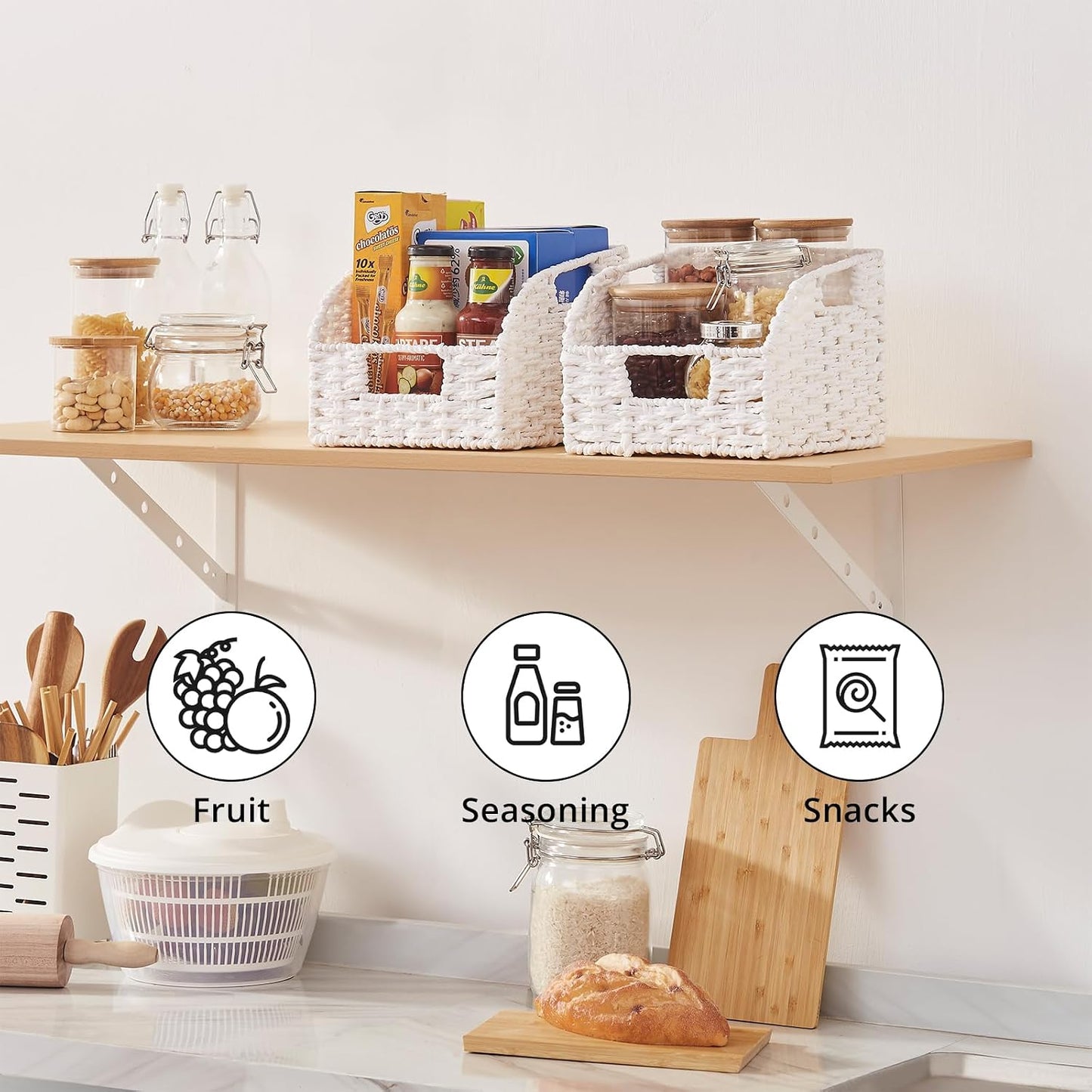 OIAHOMY Pantry Baskets for Organizing, Paper Rope Baskets with Built-in Handles, Wicker Storage Bins for Shelves, 2 Pack-Yellow
