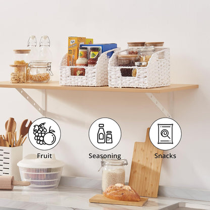 OIAHOMY Pantry Baskets for Organizing, Paper Rope Baskets with Built-in Handles, Wicker Storage Bins for Shelves, 2 Pack-Yellow