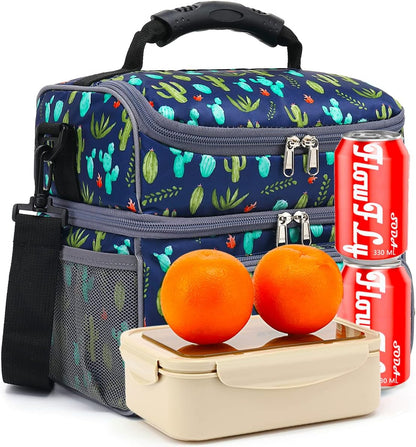 FlowFly Double Layer Cooler Insulated Lunch Bag Adult Lunch Box Large Tote Bag for Men, Women, With Adjustable Strap,Front Pocket and Dual Large Mesh Side Pockets
