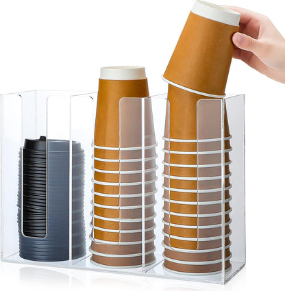 Cunhill 3 Compartments Acrylic Coffee Cup and Lid Dispenser Organizer Disposable Paper Cup Holder Plastic Coffee Shop Supplies Holder Storage for Station Restaurant Kitchen Countertop Bar Party(Clear)