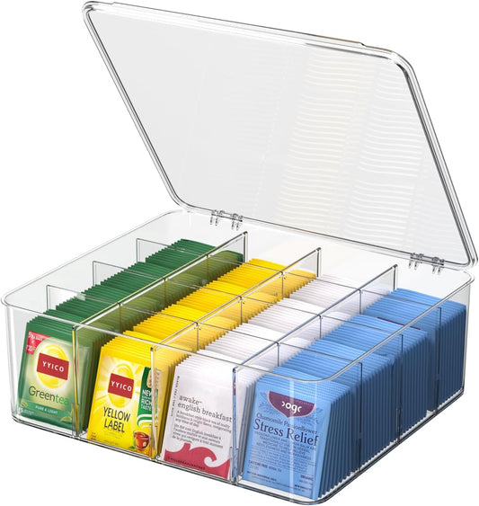 Tea Bag Organizer with Lid: Plastic Storage Bin - 16 Compartments with Removable Dividers, Stackable Pantry Storage Box for Drawers, Countertops, Fridge, Kitchen (2 Pack)