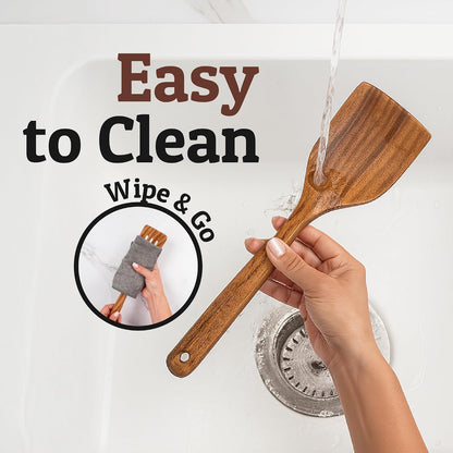 PriorityChef Wooden Slotted Spoon - Premium Teak Cooking Utensil for Frying, Straining & Serving - Long Handle Kitchen Spoon for Nonstick Cookware - Handcrafted Durable Wood