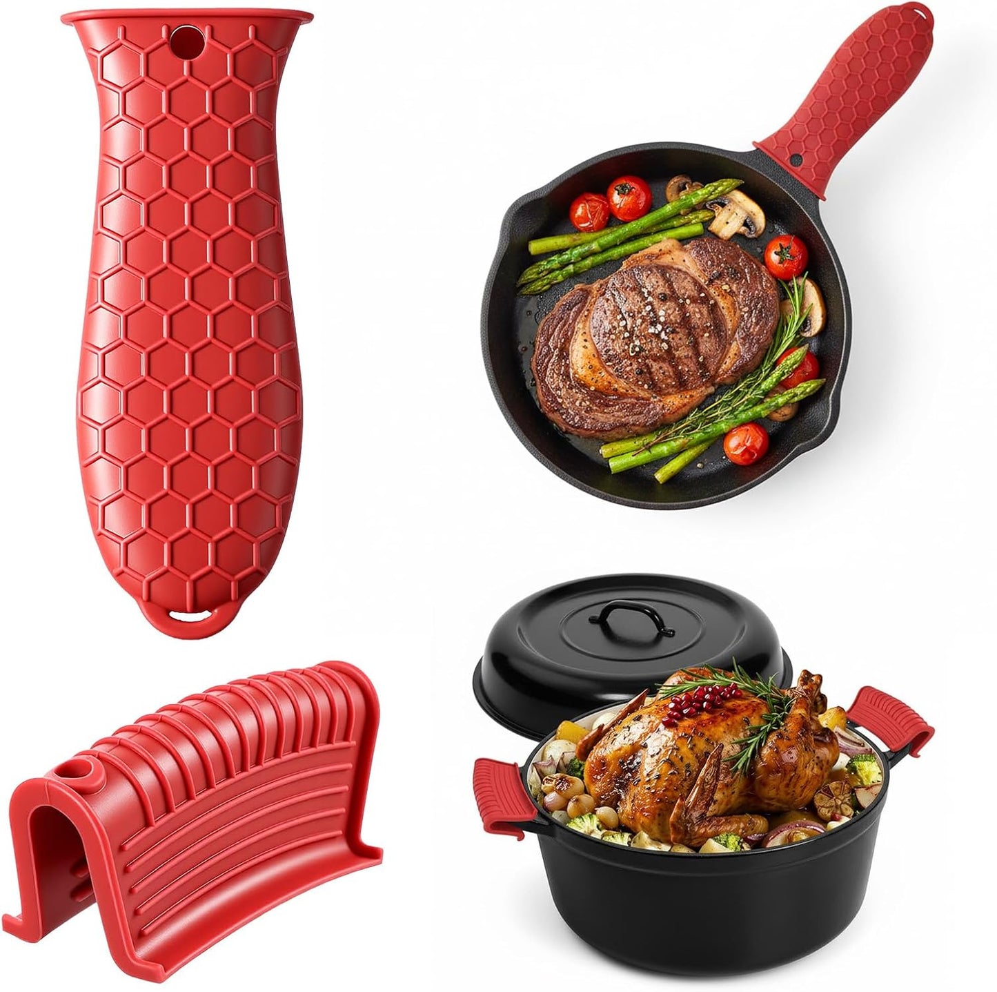 Cast Iron Skillet Handle Covers,3Pcs Heat Resistant Silicone Pot Handles Covers Non-Slip Cast Iron Handle Sleeve for Frying Pans and Griddles Kitchen Supplies(Red)