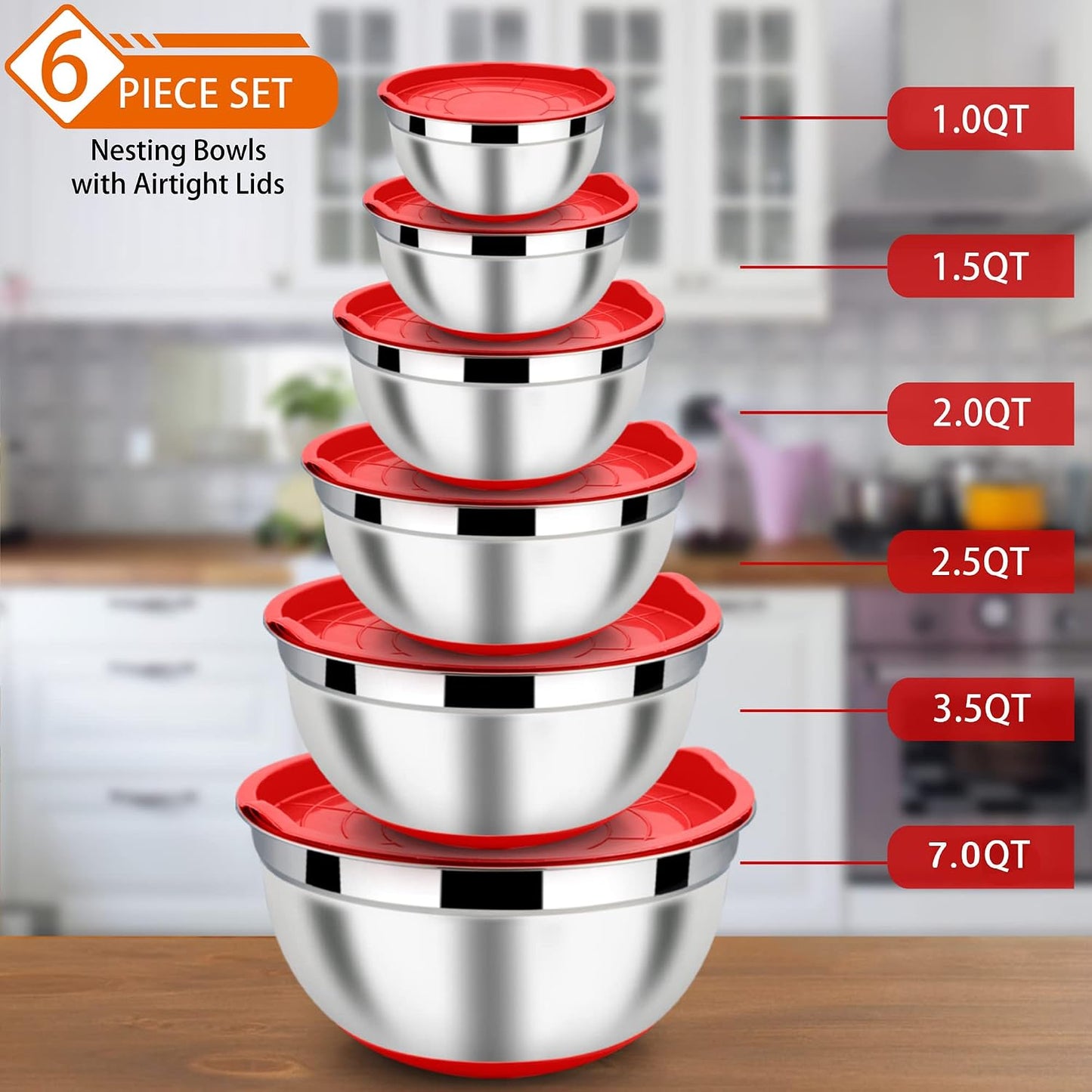 LIANYU Stainless Steel Mixing Bowls Sets of 6, Large 7, 3.5, 2.5, 2, 1.5, 1QT Size with Transparent Airtight Lids, Metal Nesting Serving Bowl Sets for Home Kitchen, Dishwasher & Freezer Safe, Black