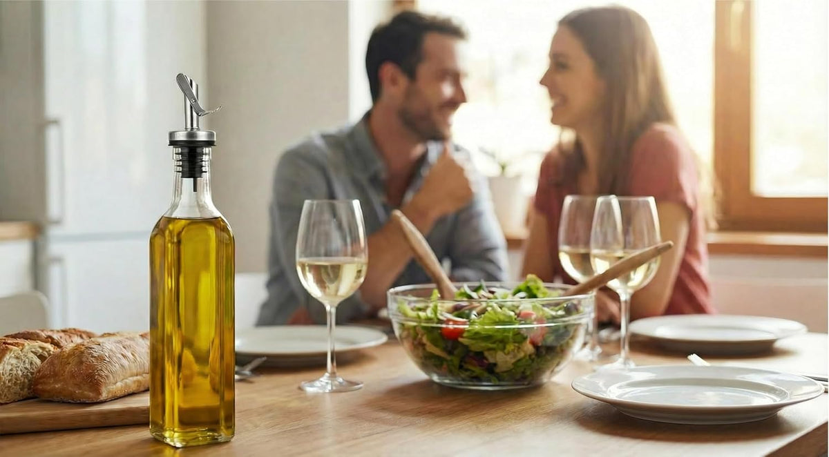 GREENOLIVE Olive Oil and Vinegar Dispenser Set - 17 oz. Glass Bottles with No-Drip BPA-Free Spouts - Stylish O and V Identifiers for Kitchen and Dining Use, Olive Oil Dispenser Bottle - Set of 2