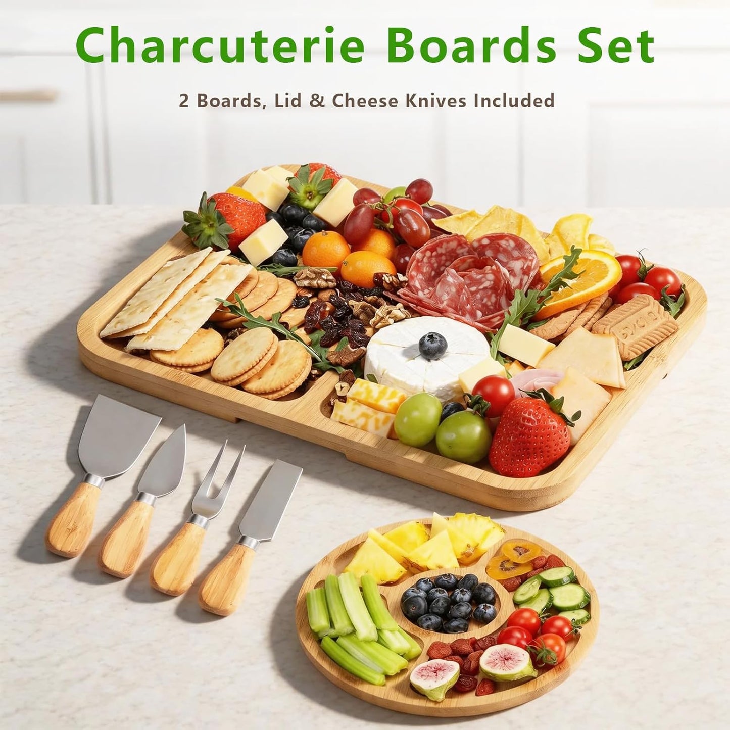 SAKAMOSH Charcuterie Board with Lid and Handle, Portable Travel Bamboo Cheese Board Set with Cheese Knife Set, Gift for Housewarming, Picnic, Gathering (15"x11" Board & 10" Round Board)