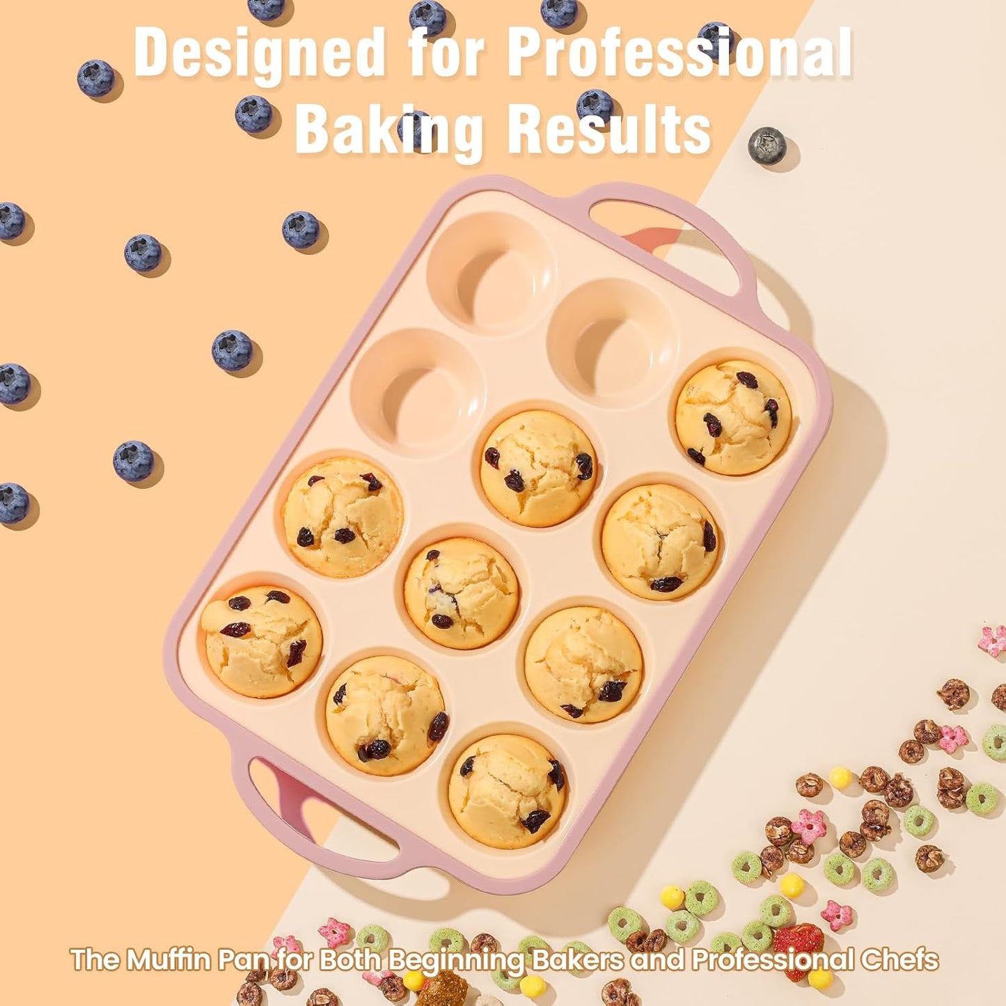 Silicone Muffin Pans for Baking 2 Pack, 2.6 Inch with Metal Reinforced Frame, Regular Size Nonstick Cupcake Pan 12 Cups for Baking Homemade Muffins, Dishwasher Safe BPA Free-Blue