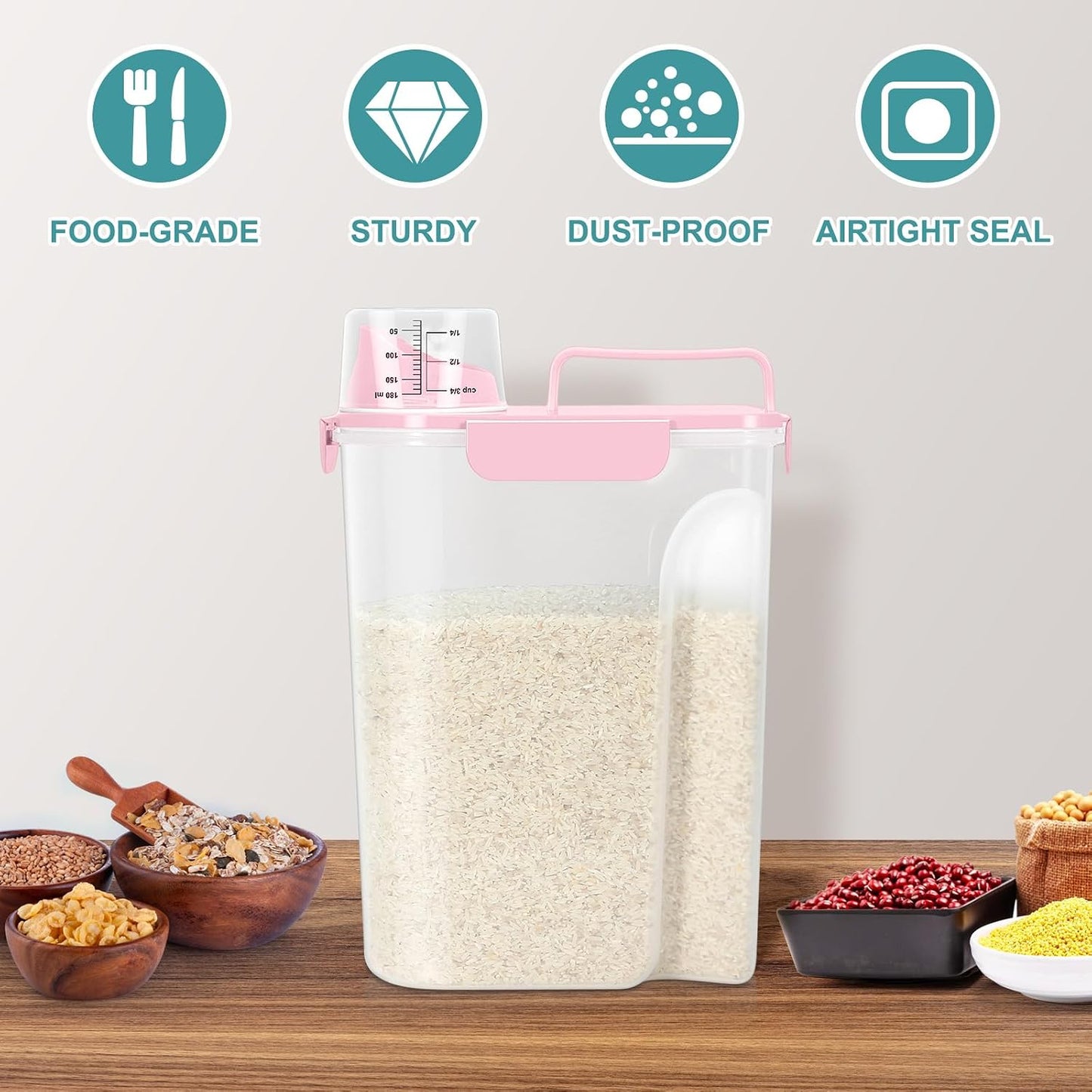 TBMax Rice Container 10 Lbs, Cereal Container Oatmeal Storage, Airtight Food Dispenser with Easy-pouring Spout & Handy Cup for Flour Grain Beans, Pet Dog Cat Bird Food Storage Container