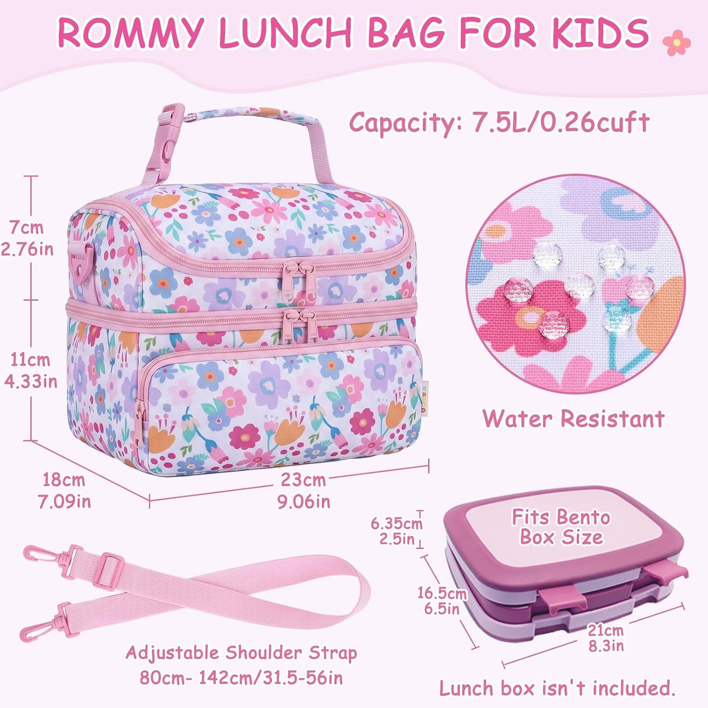 Kasqo Lunch Bag Kids, Dual Compartment Insulated Cooler Bag 7.5L Girls Boys Toddler Lunch Box Containers for Daycare School Kindergarten Travel Ombre Butterfly