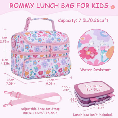 Kasqo Lunch Bag Kids, Dual Compartment Insulated Cooler Bag 7.5L Girls Boys Toddler Lunch Box Containers for Daycare School Kindergarten Travel Ombre Butterfly
