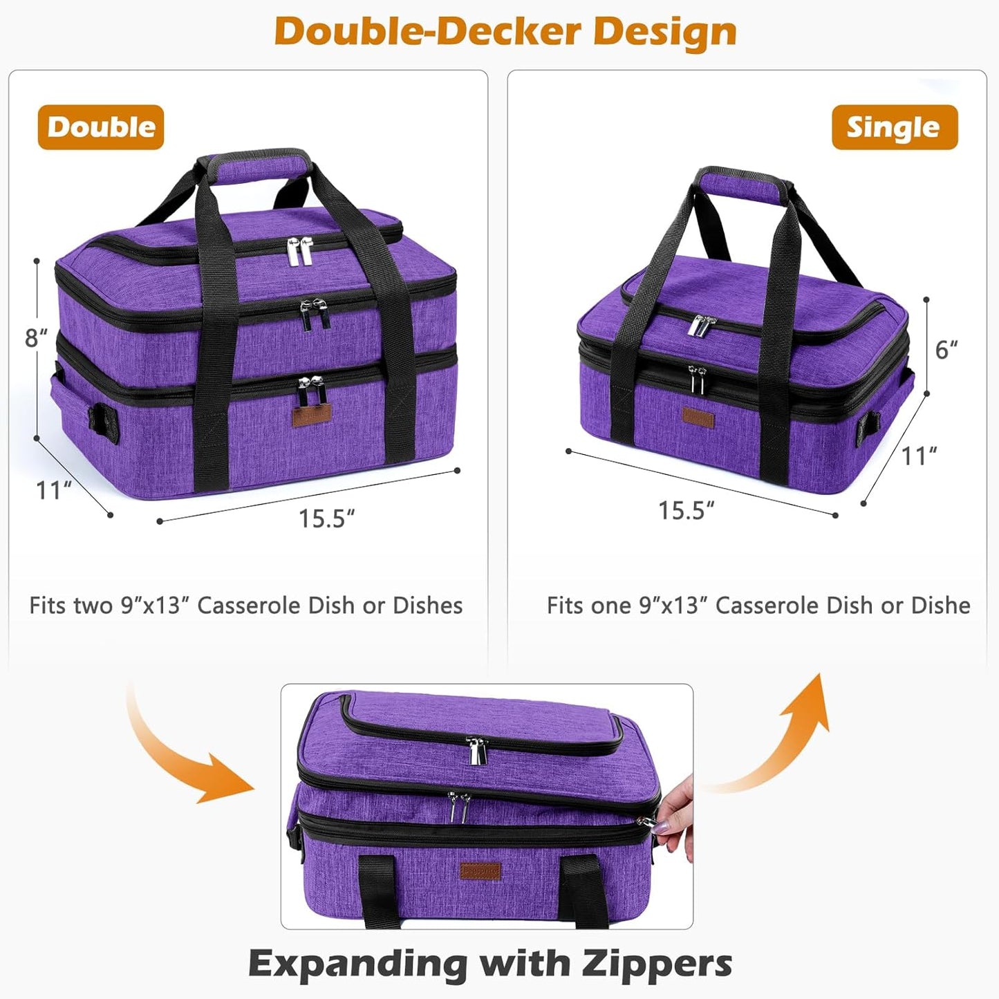 BAGSPRITE Expandable Insulated Casserole Carrier for Hot or Cold Food, Casserole Dish Carrying Case,Thermal Lasanga Lugger Tote for Pockluck, Parties, Picnic, Fits 9" x 13" Baking Dish,