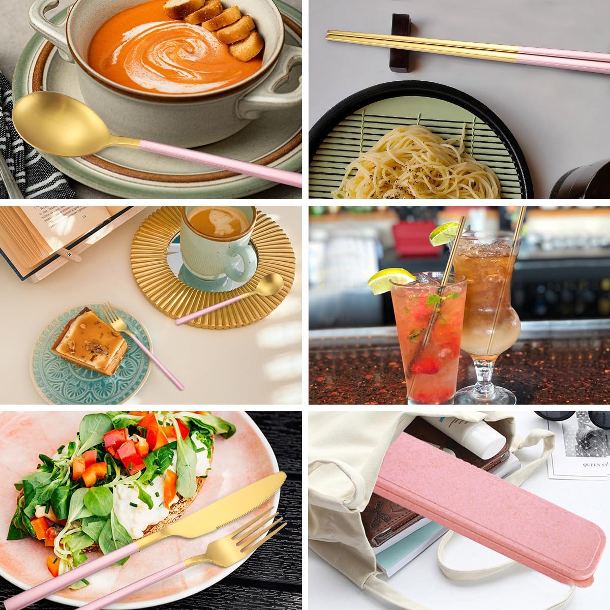 AARAINBOW 6 Pieces 18/8 Stainless Steel Flatware Set Portable Reusable Cutlery Set Travel Utensils Set Including Chopsticks Knife Fork Spoon Straws Cleaning Brush Dishwasher Safe (Green golden)