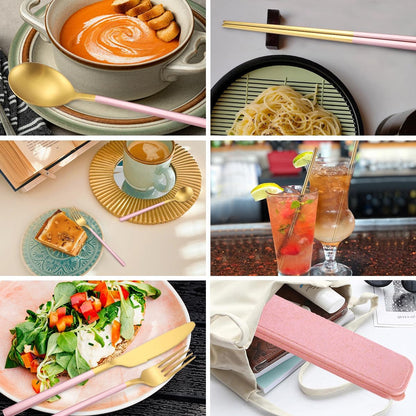 AARAINBOW 6 Pieces 18/8 Stainless Steel Flatware Set Portable Reusable Cutlery Set Travel Utensils Set Including Chopsticks Knife Fork Spoon Straws Cleaning Brush Dishwasher Safe (Green golden)