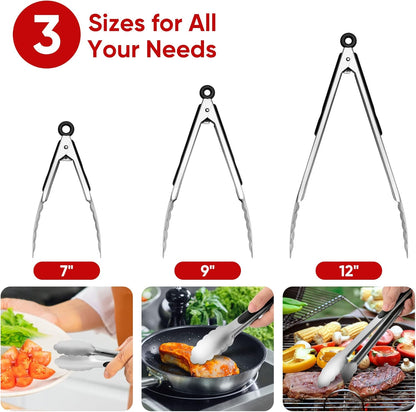 Stainless Steel Tongs Set, Food Grade Stainless Steel Kitchen Tongs, Heat Resistant 600 Degrees, for Cooking, BBQ Barbecue, Grilling, Buffet, Serving (7"+9"+12")