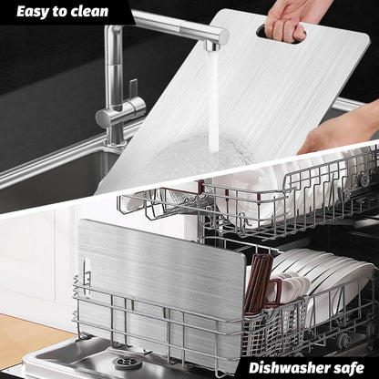 New Upgraded Titanium Cutting Board, Stainless Steel Cutting Boards For Kitche, Dishwasher Safe Double-sided Chopping Board with Peeler and Anti-slip Mat(18"L x 12"W)