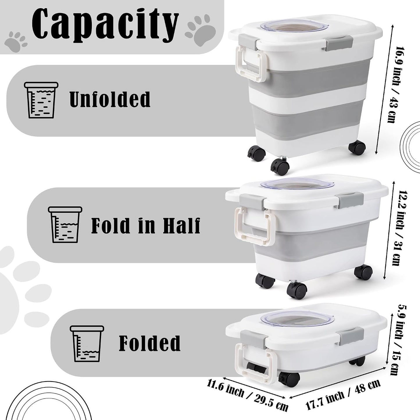 MALLMALL6 Dog Food Storage Container, Collapsible Pet Food Container with Spinner Wheels Scoop and Measuring Cup, Airtight Multifunctional Food Storage Container for Rice Dog Cat Pet Kitchen Dry Food