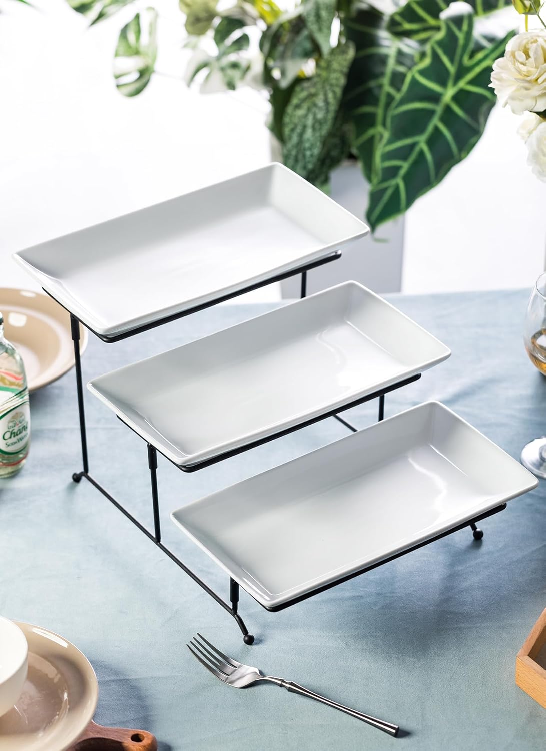 LYEOBOH 3 Tier Serving Bowls Set Tiered Serving Stand, Porcelain Oval Bowls with Collapsible Metal Stand for Entertaining, Party, Dessert Display, Candy, Chip and Dip (Gold)-45oz / 17.5oz / 7oz