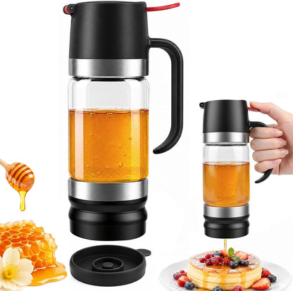 Honey Dispenser No Drip, Glass Honey Dispenser with Stand, 10oz Borosilicate Mess-Free Honey Jar with Ergonomic Handle, Precision Pouring Container for Honey, Maple Syrup, Chocolate Syrup (Black)