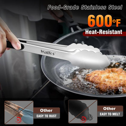 Walfos Kitchen Tongs for Cooking, 600℉ Heat Resistant Stainless Steel Tongs, All Metal Heavy Duty Tongs For Food ,BBQ Grilling - 7 ，9 and 12 Inch ,Set of 3