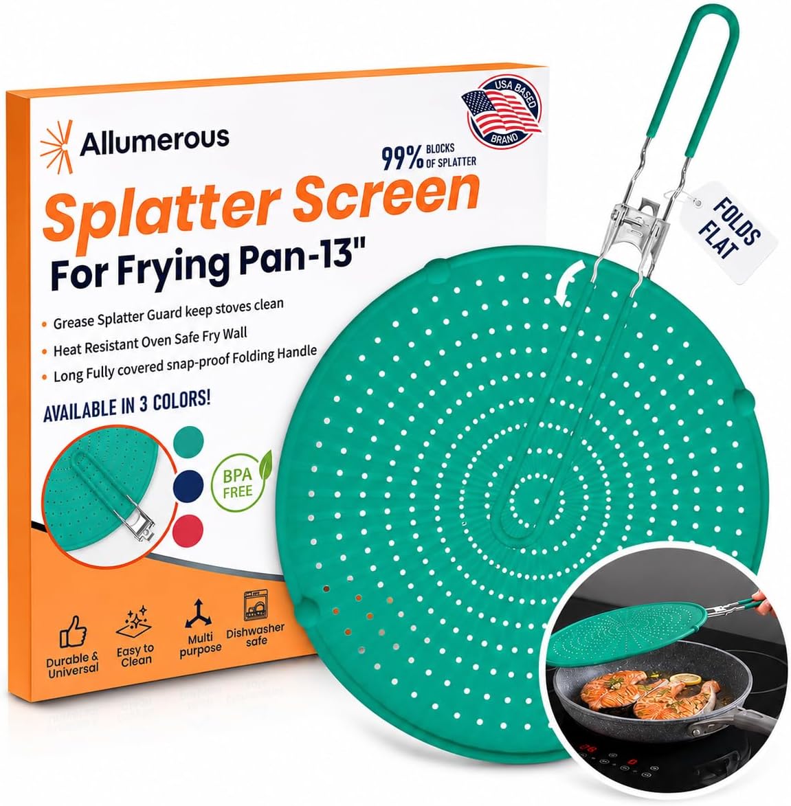 Silicone Splatter Screen for Frying Pan, 13” Navy – Grease & Oil Splatter Guard, Heat Resistant, Dishwasher Safe, Foldable Handle with Sleeves – Splash Guard Fits 10–12” Pans, Most 13” Skillets