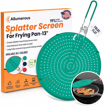 Silicone Splatter Screen for Frying Pan, 13” Navy – Grease & Oil Splatter Guard, Heat Resistant, Dishwasher Safe, Foldable Handle with Sleeves – Splash Guard Fits 10–12” Pans, Most 13” Skillets