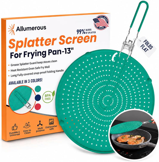 Silicone Splatter Screen for Frying Pan, 13” Navy – Grease & Oil Splatter Guard, Heat Resistant, Dishwasher Safe, Foldable Handle with Sleeves – Splash Guard Fits 10–12” Pans, Most 13” Skillets