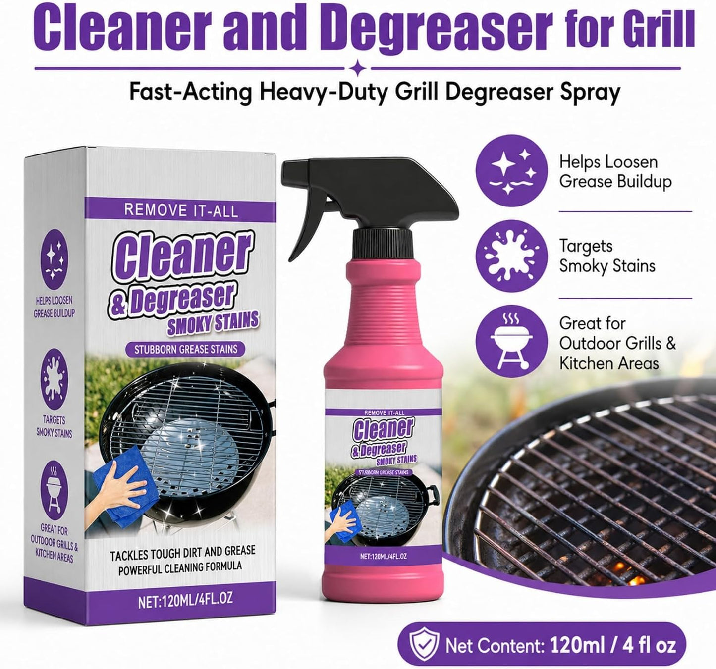 Cleaner and Degreaser for Grill, Fast-Acting Heavy-Duty Grill Degreaser Spray, BBQ Grill Cleaner for Outdoor Grills, Grease Remover for Grates, Smoky Stains and Kitchen Cleaning (3 PCS)