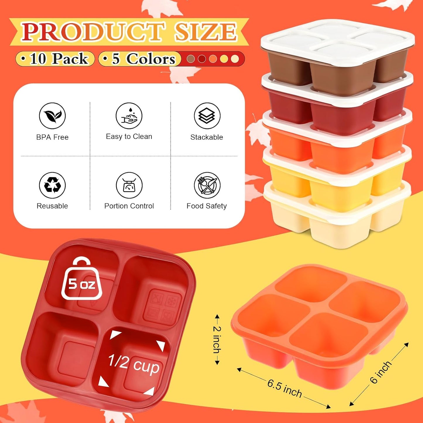Honeydak 10 Pack Bento Snack Containers 4 Compartment Snack Boxes Reusable Containers with Lids Divided Meal Prep Lunch Food Storage Box for School Work Travel