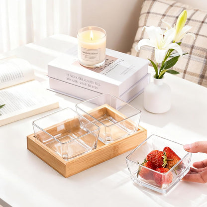 Snackle Box Container Chip and Dip Bowls With Serving Tray, 3 Glass Square Sauce Cups Dip Bowls, Small Fruit Platter Side Dishes for Party Entertaining Appetizer Dessert Salsa Side Dishes(THREE)