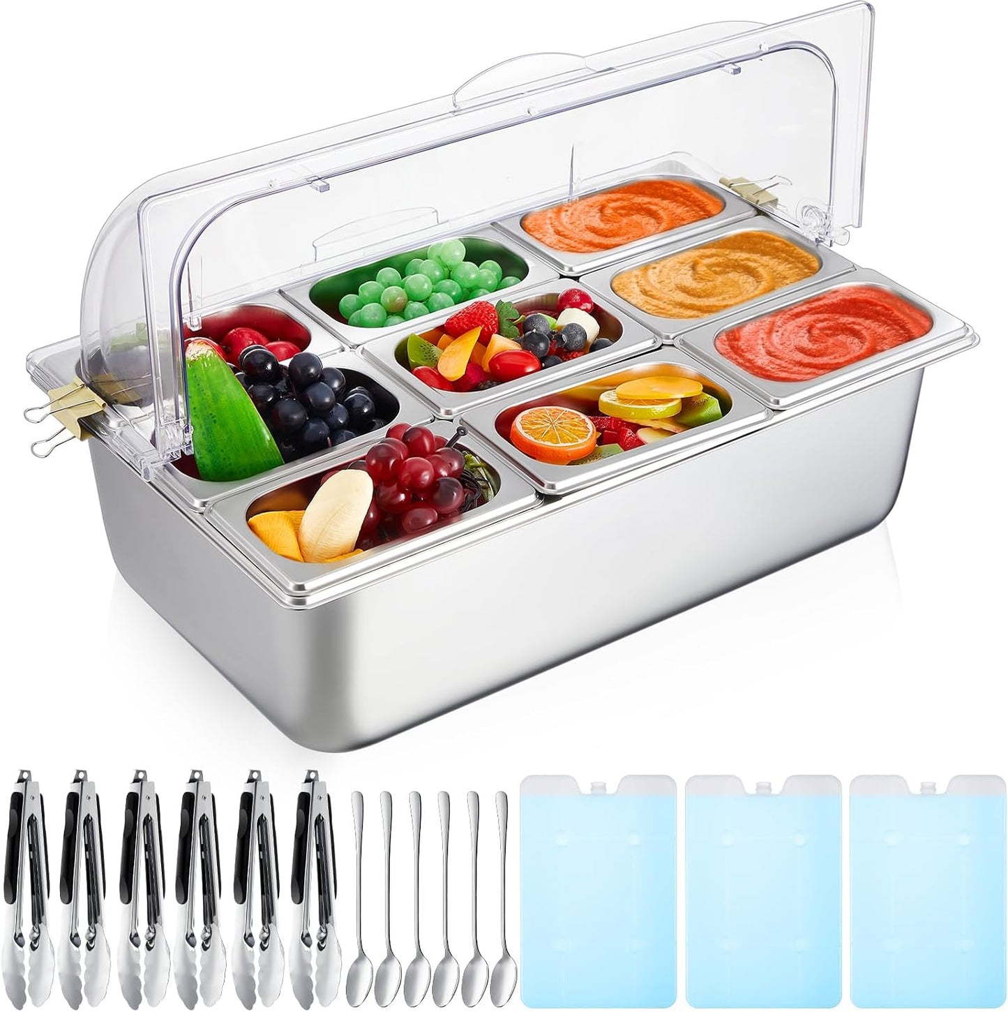 Condiment Tray Stainless Steel Serving Display Set with Lid for Buffet Restaurant Kitchen, Food Chilled Container for Salad Fruit Condiments, Keeps Food Fresh with Ice Box(6 Compartments)
