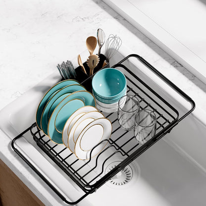 Sakugi Dish Drying Rack in Sink - Expandable Stainless Steel Dish Rack Over the Sink, Kitchen Sink Drain Strainer with Cutlery Holder & Cup Holders, 15.4 x 9.8 x 3.0 Inch, Black