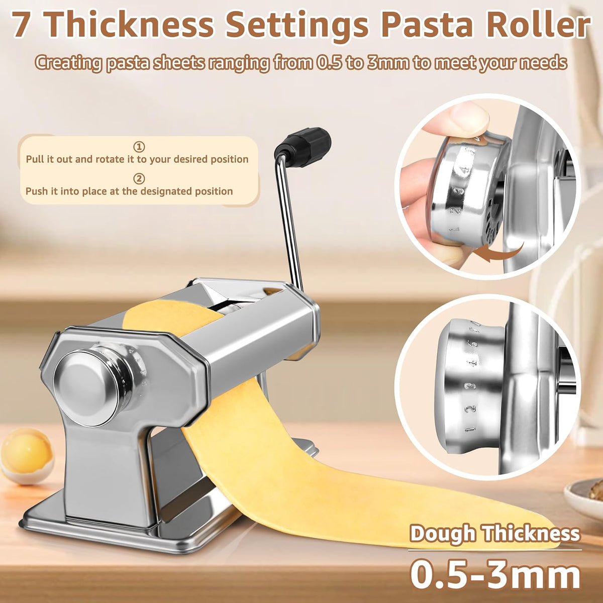 Pasta Maker - 7 Thickness Settings Roller & 2 Width Cutters Pasta Machine