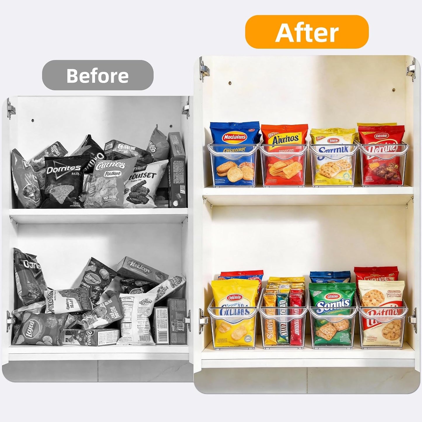 8 Pack Slim Storage Bins, BPA Free Clear Plastic Organizer Bins with Handles, Narrow Refrigerator & Pantry Organization Containers for Kitchen, Bathroom, Cabinet, Home & Office Declutter