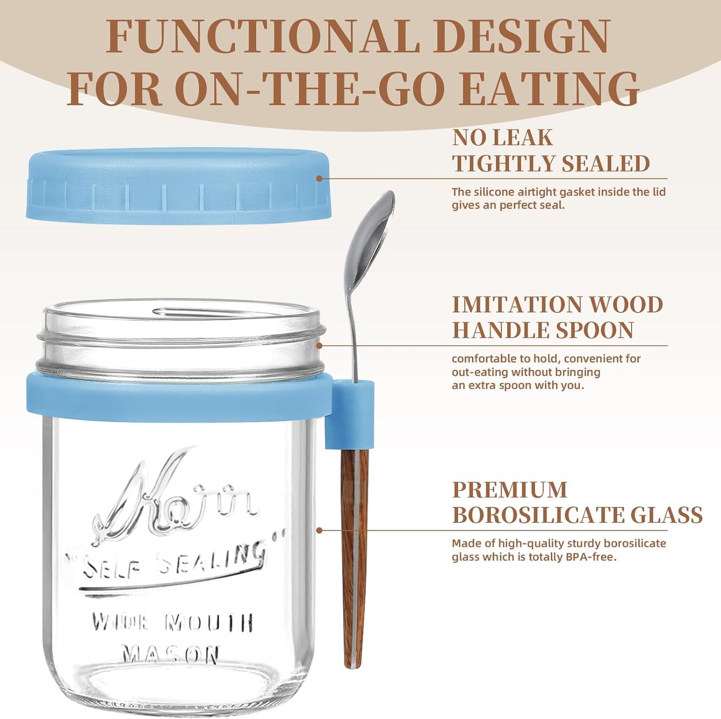 6 Pack Overnight Oats Containers with Lids and Spoons - 16 Oz Glass Mason Jars for Overnight Oats Airtight Jars Leak Proof Oatmeal Container Meal Prep Jar for Yogurt,Milk,Cereal,Fuirt,Salad