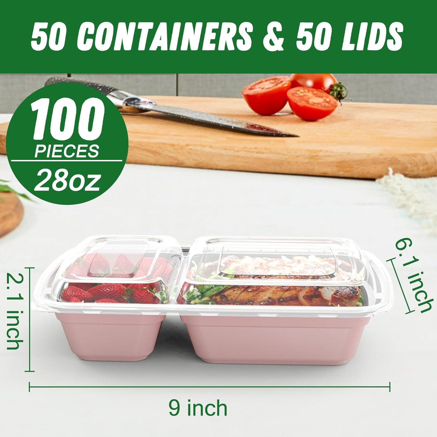 Dealusy 50 Pack (100-Piece) 28 oz Meal Prep Containers Reusable with Lids 2-Compartment, Sturdy Leakproof Food Safe, Microwave Freezer Dishwasher Safe, To Go Take Out Plastic Food Storage, Black