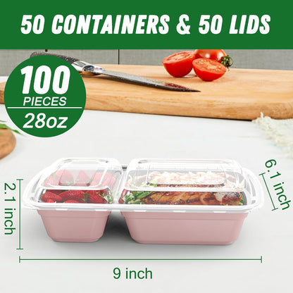 Dealusy 50 Pack (100-Piece) 28 oz Meal Prep Containers Reusable with Lids 2-Compartment, Sturdy Leakproof Food Safe, Microwave Freezer Dishwasher Safe, To Go Take Out Plastic Food Storage, Black