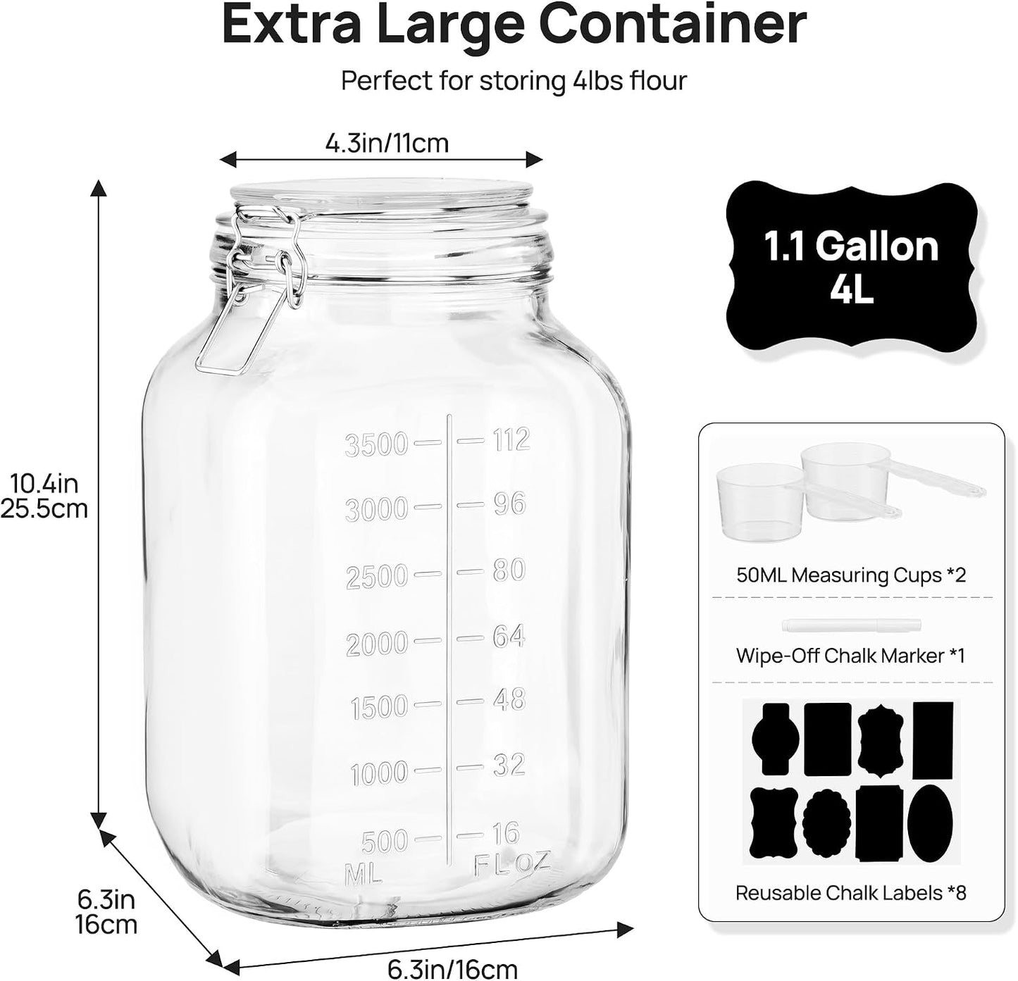 Vtopmart 78oz Glass Food Storage Jars with Airtight Clamp Lids, 3 Pack Large Kitchen Canisters for Flour, Sugar, Cereal, Coffee, Pasta and Canning, Square Mason Jars with 8 Reusable Labels