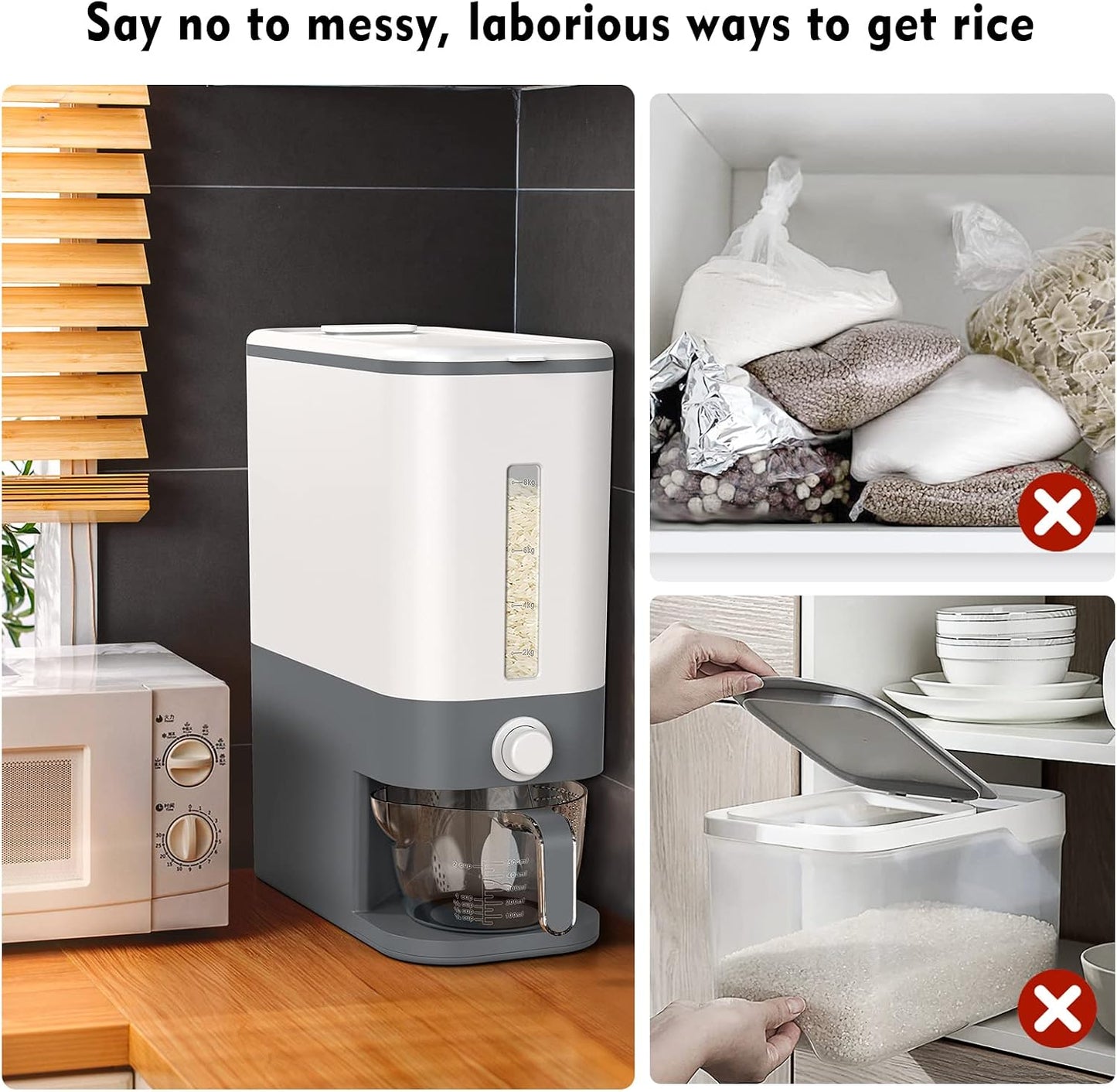 Rice Dispenser,22Lbs-25Lbs Rice Container with Measuring Cup, Upgraded Lid Time Dials & Built-in Fresh Box Rice Container Storage for Home Kitchen Pantry Stores Rice - White Capacity 22Lbs-25Lbs