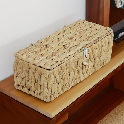 Water Hyacinth Storage Basket with Lid, Rectangular Tank Woven Wicker Baskets with Sections, Decorative Box for Snack Toys Bathroom (Water Hyacinth)