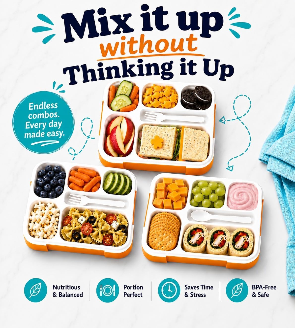 kinsho Lunch Box for Kids Boys Girls - Bento Box Set with Insulated Bag and Ice Pack, 6 Compartment Leak Proof Food Container, BPA-Free, Microwave Safe, Ideal for School & Work, Teal