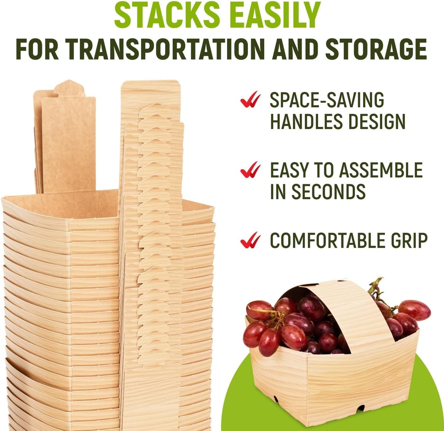USA-Made Quart-Size Berry Baskets with Handles, Pack of 25 - 2 lbs Capacity Produce Basket for Fruits, Berries & Veggies - Premium Berry Container for Farmers Markets or Product Displays